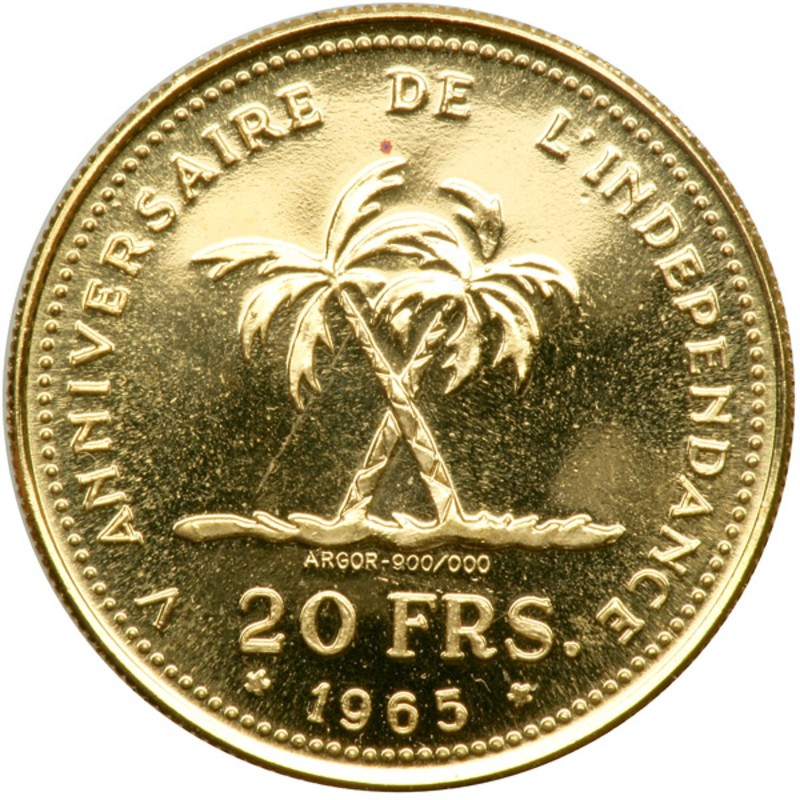 Золотая монета Конго «Пальмы» 1965 г.в., 5.8 г чистого золота (проба 0.900)