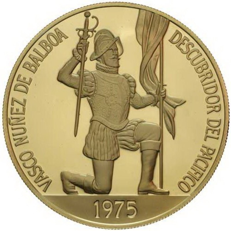 Золотая монета Панамы «500-летие со дня рождения Васко Нуньеса де Бальбоа» 1975 г.в., 37.53 г чистого золота (проба 0.900)