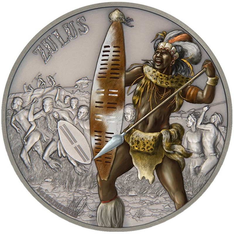 Серебряная монета Ниуэ «Зулусы» 2017 г.в., 31.1 г чистого серебра (проба 0.999)